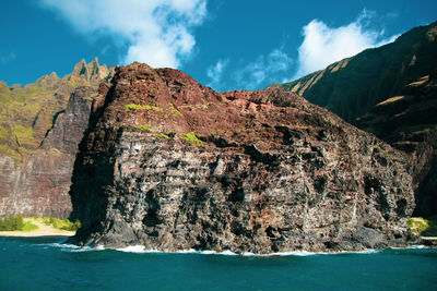 Scenic view of sea and mountains against sky