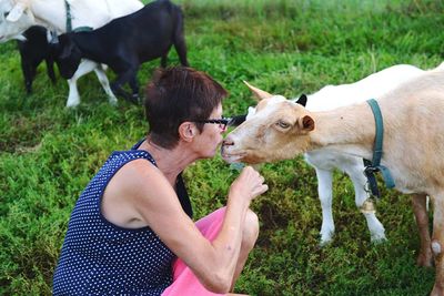 Close-up of woman kissing goat on field