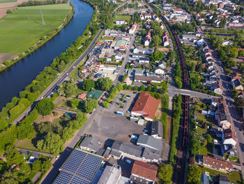 High angle view of street amidst buildings in city