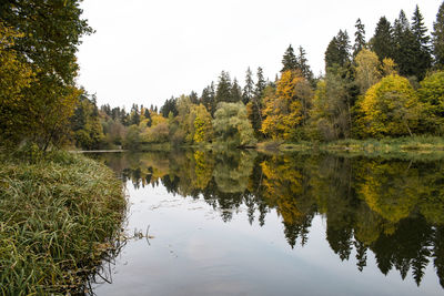 Reflection of trees in lake against sky during autumn