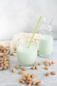 Close-up of food on a table, pistachio milk in glass