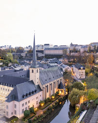 High angle view of buildings against sky