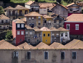 High angle view of residential buildings in city