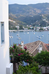 High angle view of townscape by bay