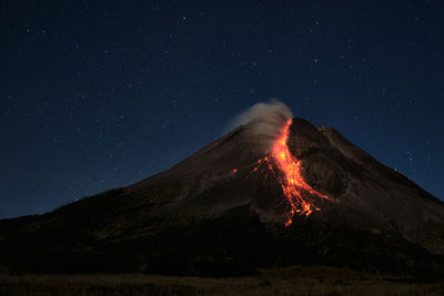 Mount merapi erupts with high intensity at night during a full moon. 