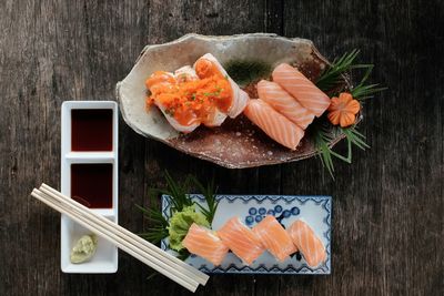 High angle view of sushi in plate on table