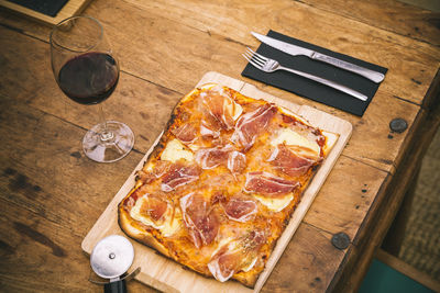 High angle view of pizza on table