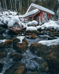 Stream flowing through rocks during winter