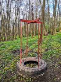 Empty swing against trees on field