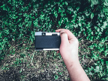 Cropped image of person photographing against plants