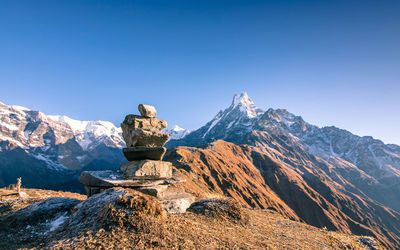 Scenic view of snowcapped mountains against clear blue sky