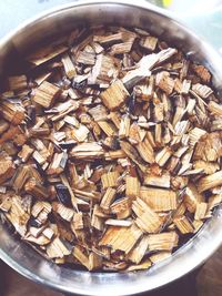 High angle view of bread in bowl on table