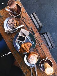 High angle view of breakfast on table