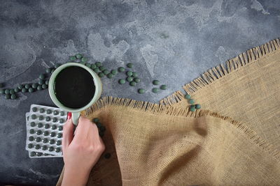 High angle view of coffee on table