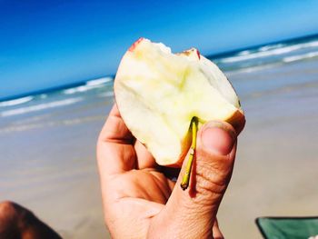 Cropped hand of person holding apple at beach