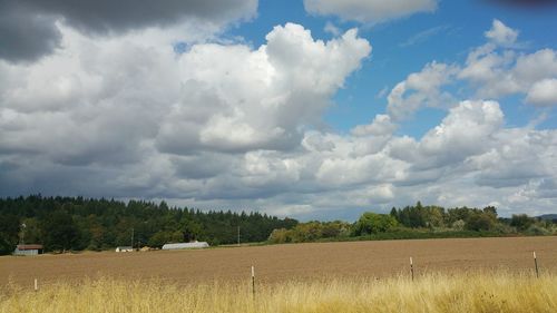 Scenic view of field against cloudy sky