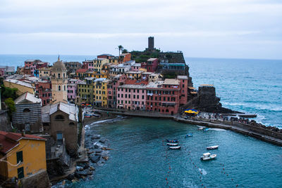 High angle view of boats moored on sea at vernazza