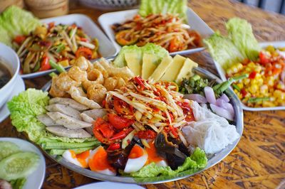 High angle view of food served on table