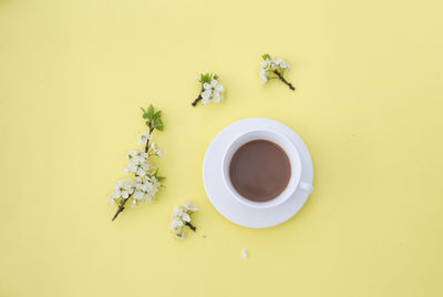 Directly above shot of tea cup with black background