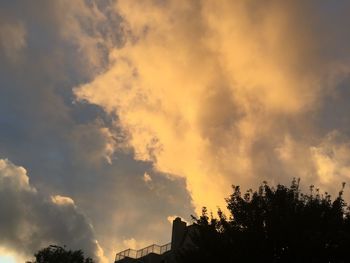 Low angle view of trees against cloudy sky