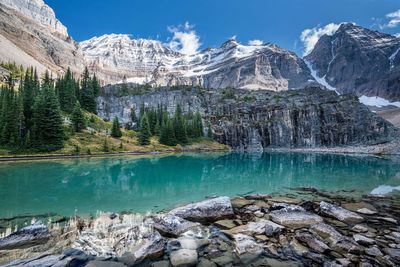 Scenic view of lake and mountains against sky