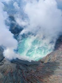 Smoke emitting from volcanic mountain against sky