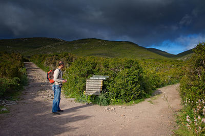 Rear view of woman standing on landscape