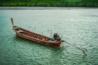 High angle view of boat moored in sea