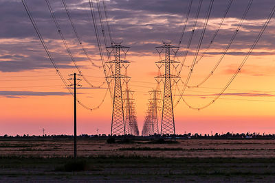 Silhouette electricity pylons on field against sky during sunset