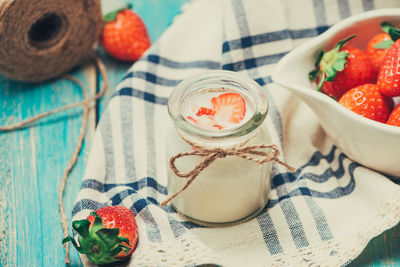 High angle view of fruits in bowl on table