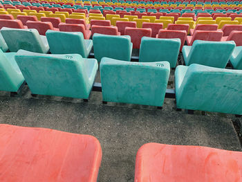 High angle view of empty seats in row