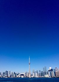 City skyline against blue sky