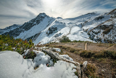 Snow covered mountain against sky