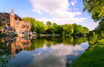 Reflection of trees and buildings in lake