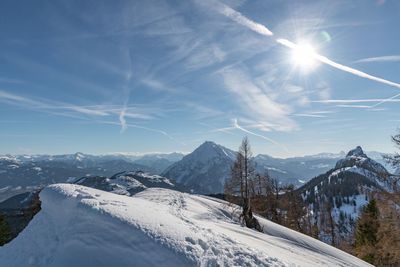 Scenic view of snowcapped mountains against sky