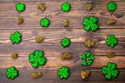 High angle view of vegetables on wooden table