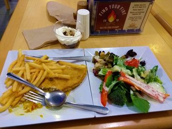 High angle view of meal served on table