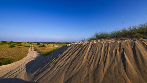 Panoramic shot of land against clear blue sky