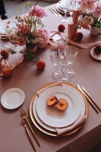 High angle view of breakfast on table