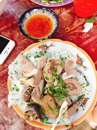 High angle view of food served on table