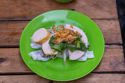 High angle view of food in plate on table