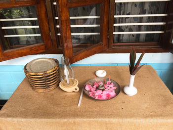 High angle view of wine in glass on table