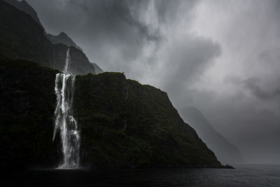 Water splashing on rocks against sky
