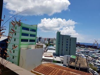 High angle view of buildings against sky