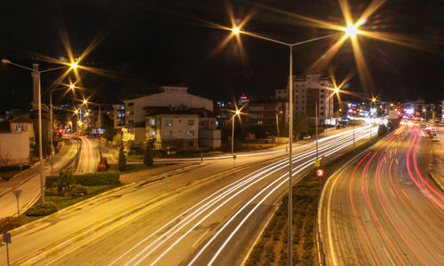 Light trails on road at night