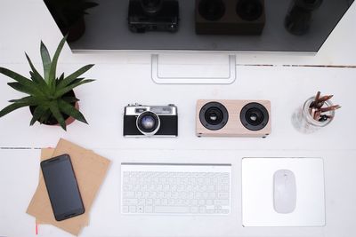 High angle view of office supplies on table