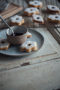 High angle view of cookies on table