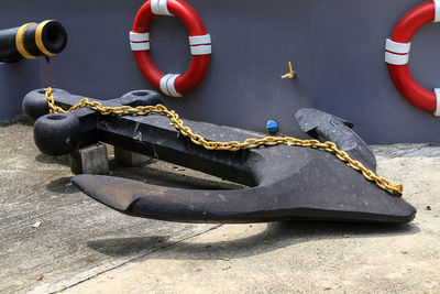 High angle view of chain on boat