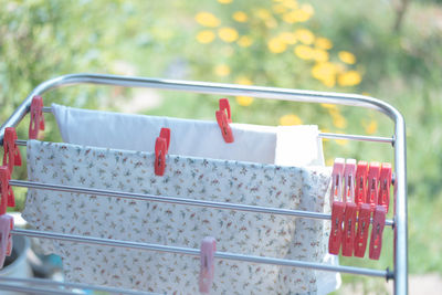 Close-up of clothes drying on laundry rack