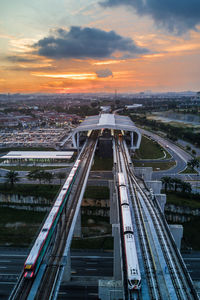 High angle view of bridge in city against sky
